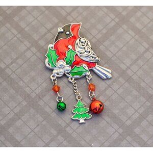 Vintage Boho Silver Tone Christmas Bell Bird Brooch G10